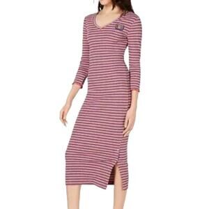 Juicy by Juicy Couture Knit Rainbow Striped Ribbed Midi Dress Side Slit Bodycon